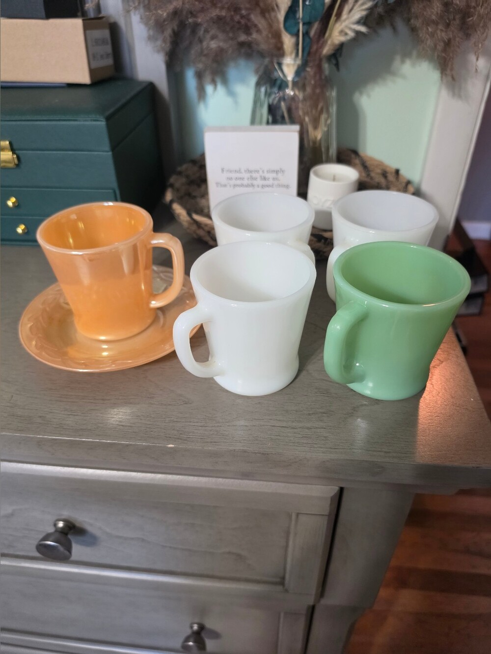 Fire King Milk Glass Mugs in White, Green & Orange - Set